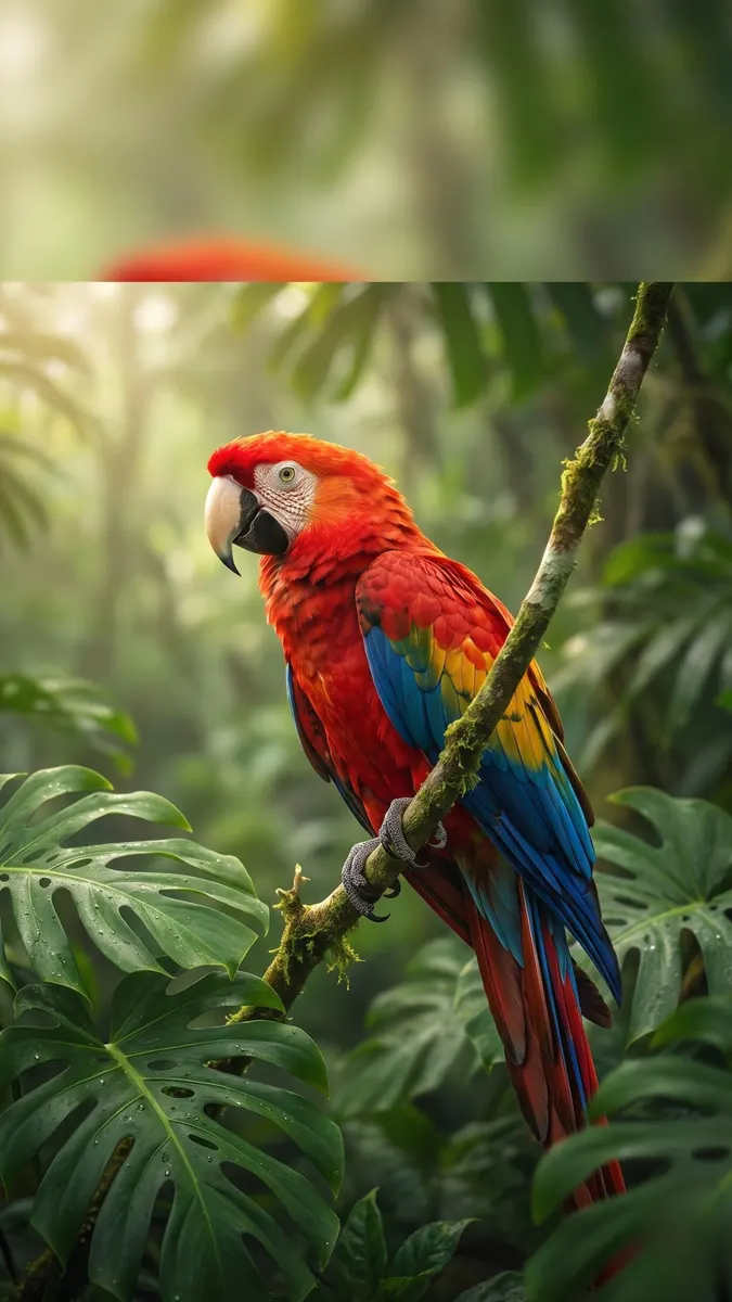 Un ara rouge aux plumes rouge, jaune et bleu éclatantes reposant sur une branche d'arbre moussue entourée de grandes feuilles de monstera vertes.