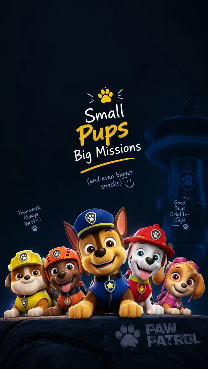 The Paw Patrol team including Chase, Marshall, Rubble, Skye, and Zuma posing together on a dark blue background with text.