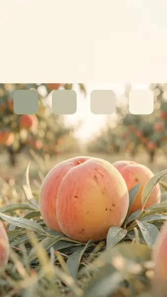 Nahaufnahme eines reifen Pfirsichs, der auf grünen Blättern in einem Obstgarten liegt, mit weichem Hintergrundfokus und Farbpaletten-Mustern.