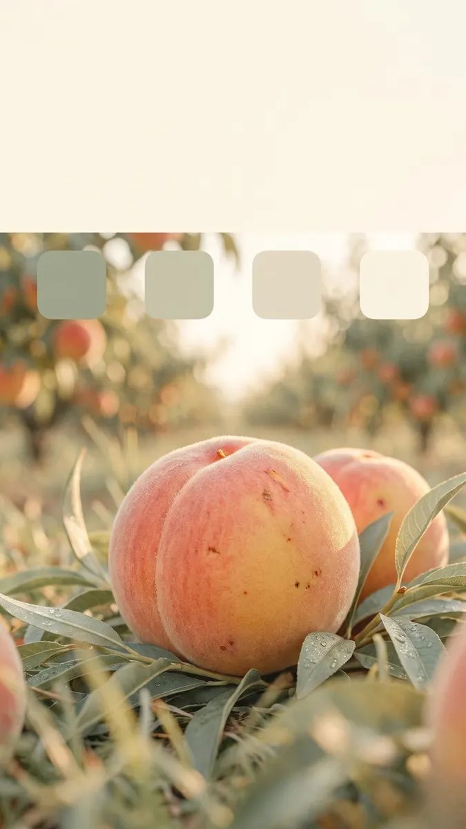A close-up of a soft, fuzzy peach sitting on green leaves with a blurred orchard background and a color palette swatch.