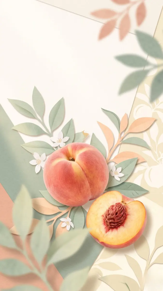 A whole peach and a halved peach with a visible pit, surrounded by light green leaves and white flowers on a pastel background.