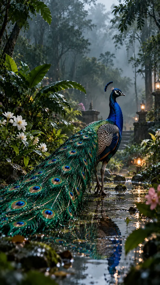 Um pavão azul e verde em uma floresta enevoada perto de um riacho com flores brancas e lanternas brilhantes ao fundo