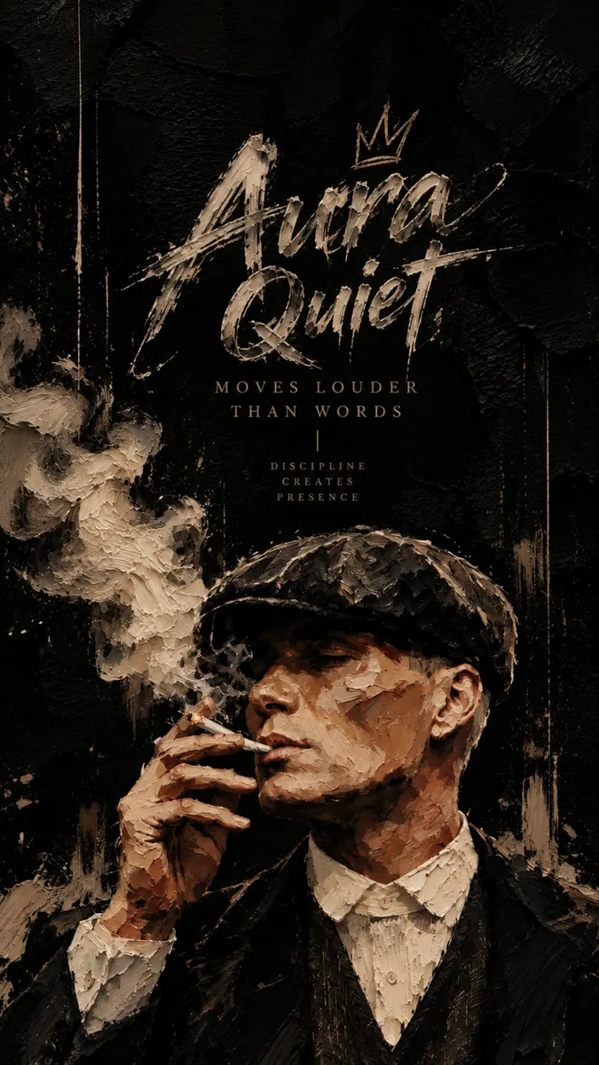 Thomas Shelby wearing a newsboy cap and suit, smoking a cigarette, with textured brushstrokes and text overlay on a dark background.