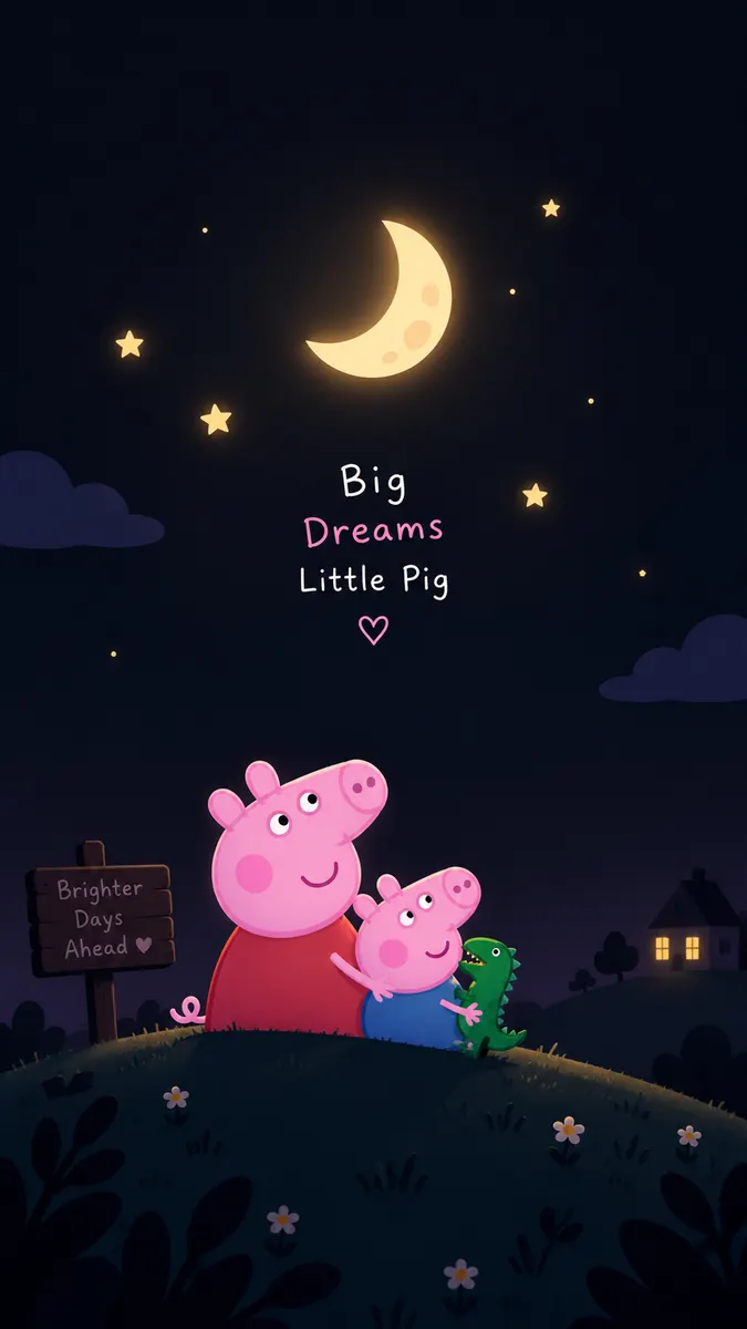 Peppa Pig y George sosteniendo un juguete de dinosaurio verde en una colina por la noche bajo una luna creciente y estrellas.