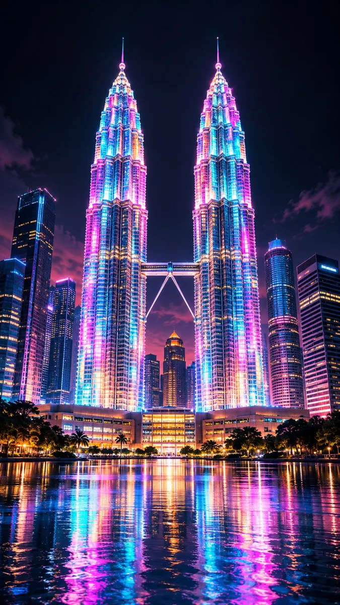 Tours Petronas à Kuala Lumpur brillant avec des néons bleus et roses la nuit avec des reflets dans l'eau
