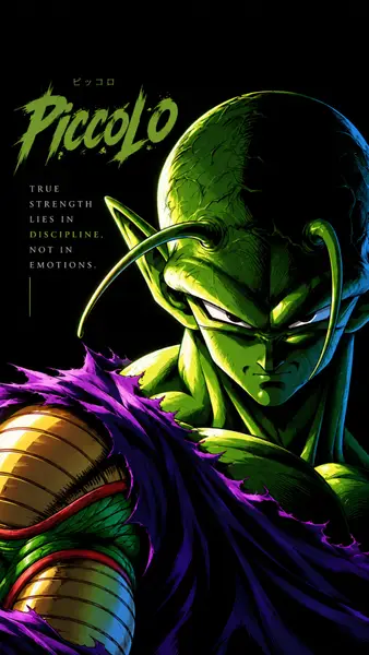 Piccolo aus Dragon Ball mit grüner Haut, spitzen Ohren und violettem Umhang auf schwarzem Hintergrund mit Text.