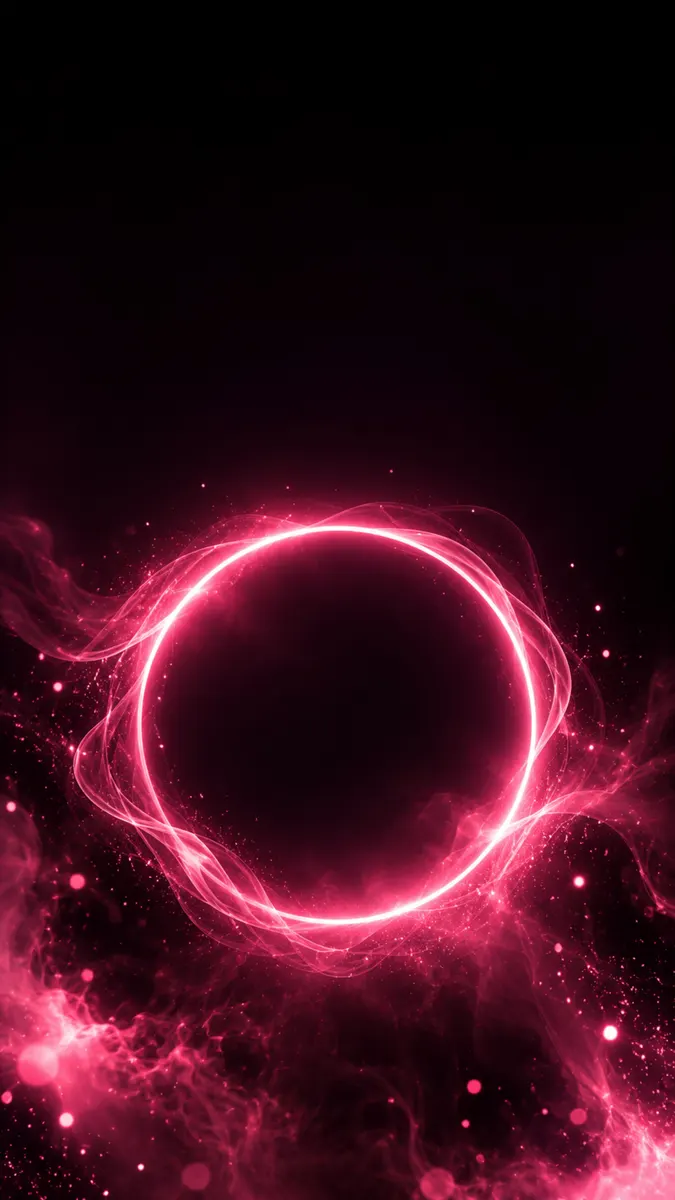 Um círculo neon rosa brilhante com fumaça e pequenas partículas de luz em um fundo preto.