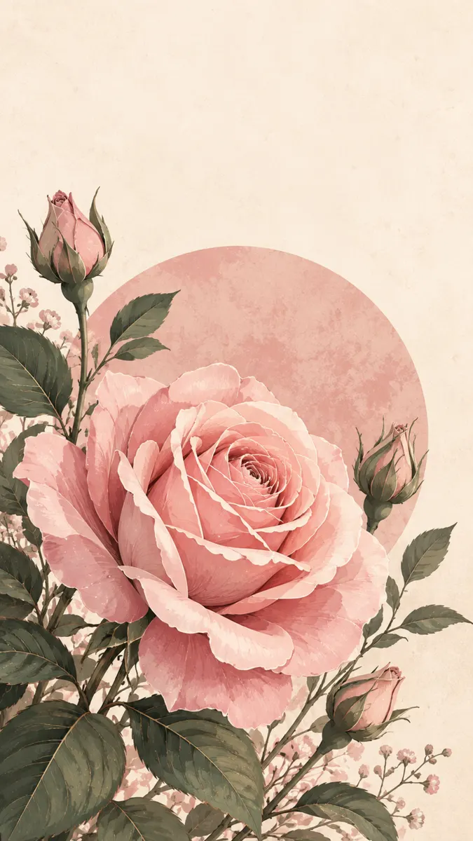 Een gedetailleerde illustratie van een grote roze roos in volle bloei, omringd door kleinere rozenknoppen en groene bladeren op een crèmekleurige achtergrond.
