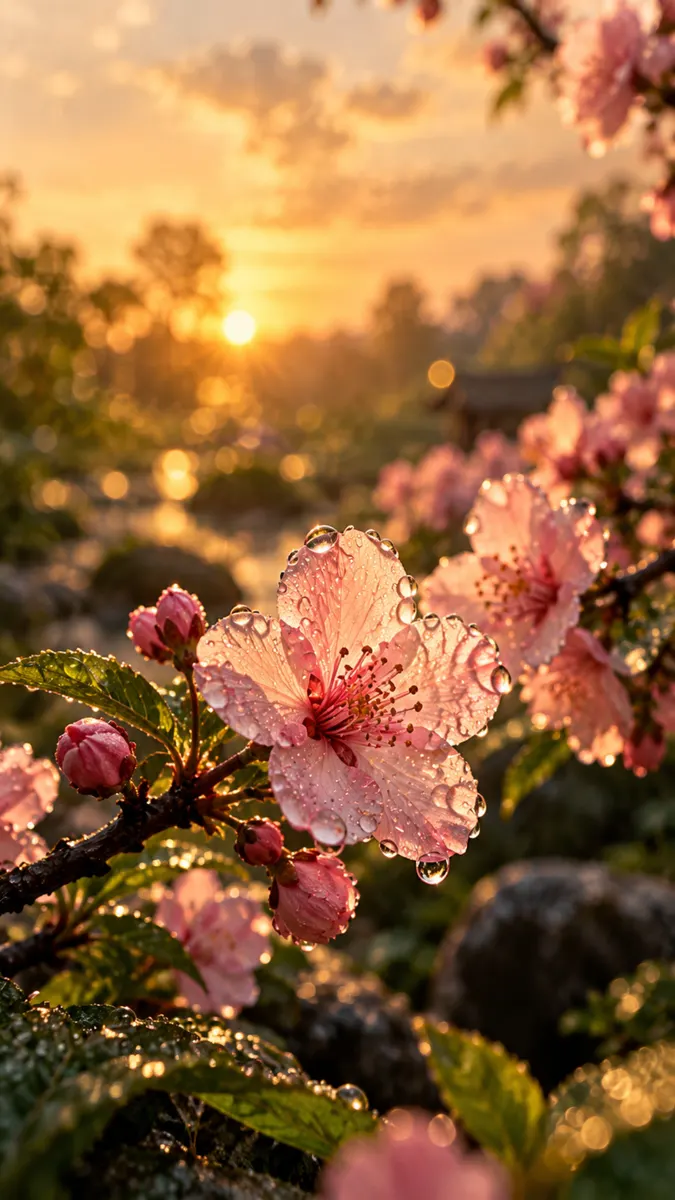 Primer plano de pétalos de flor de cerezo rosa cubiertos de pequeñas gotas de agua con un sol brillante saliendo en el fondo desenfocado.
