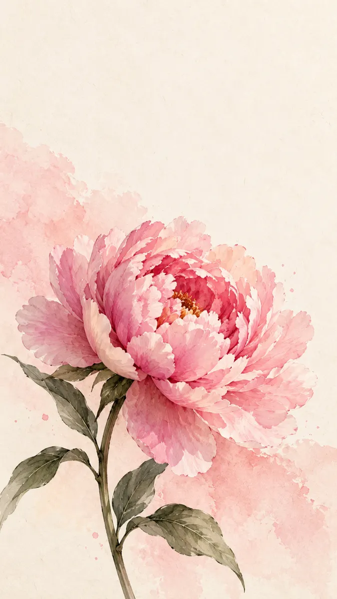 Una sola flor de peonía rosa con pétalos en capas y hojas verdes pintadas en un estilo de acuarela suave sobre un fondo crema.