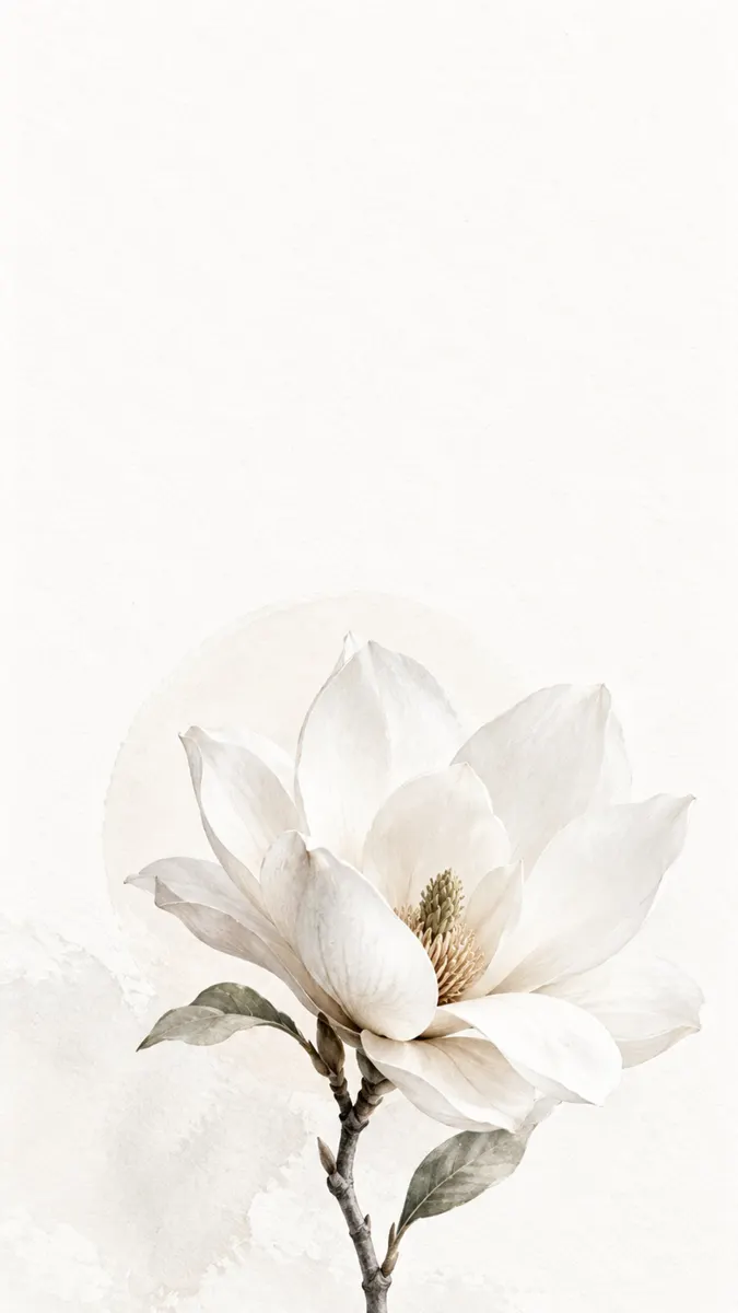 Una sola flor de magnolia blanca con pétalos suaves y un centro texturizado sobre un fondo blanco liso.