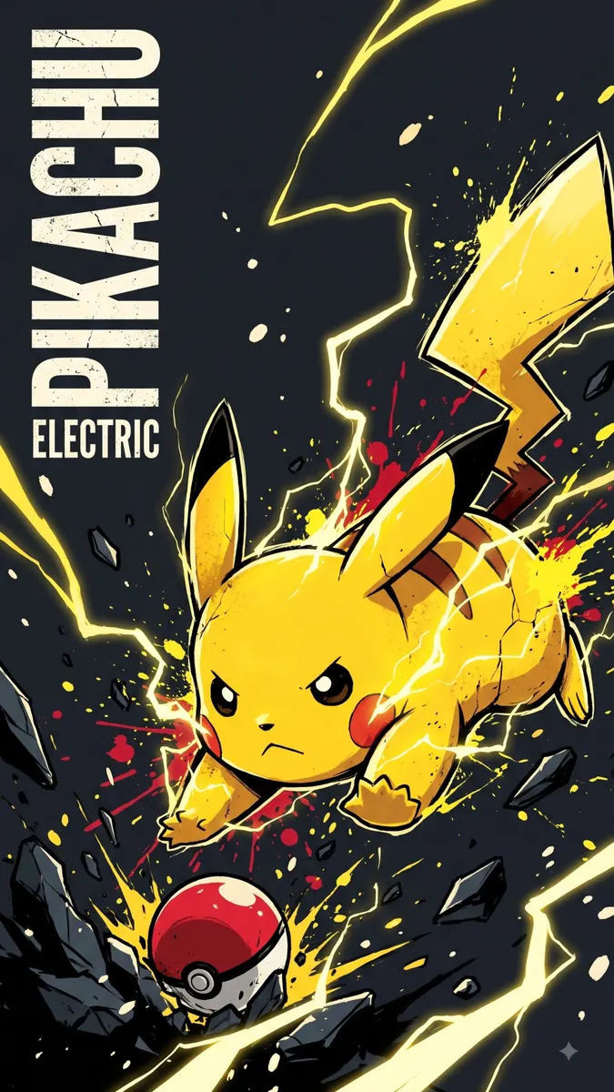 Sarı şimşekler ve bir Poke Ball ile çevrili Pikachu karakteri, metin içeren koyu gri arka plan üzerinde.