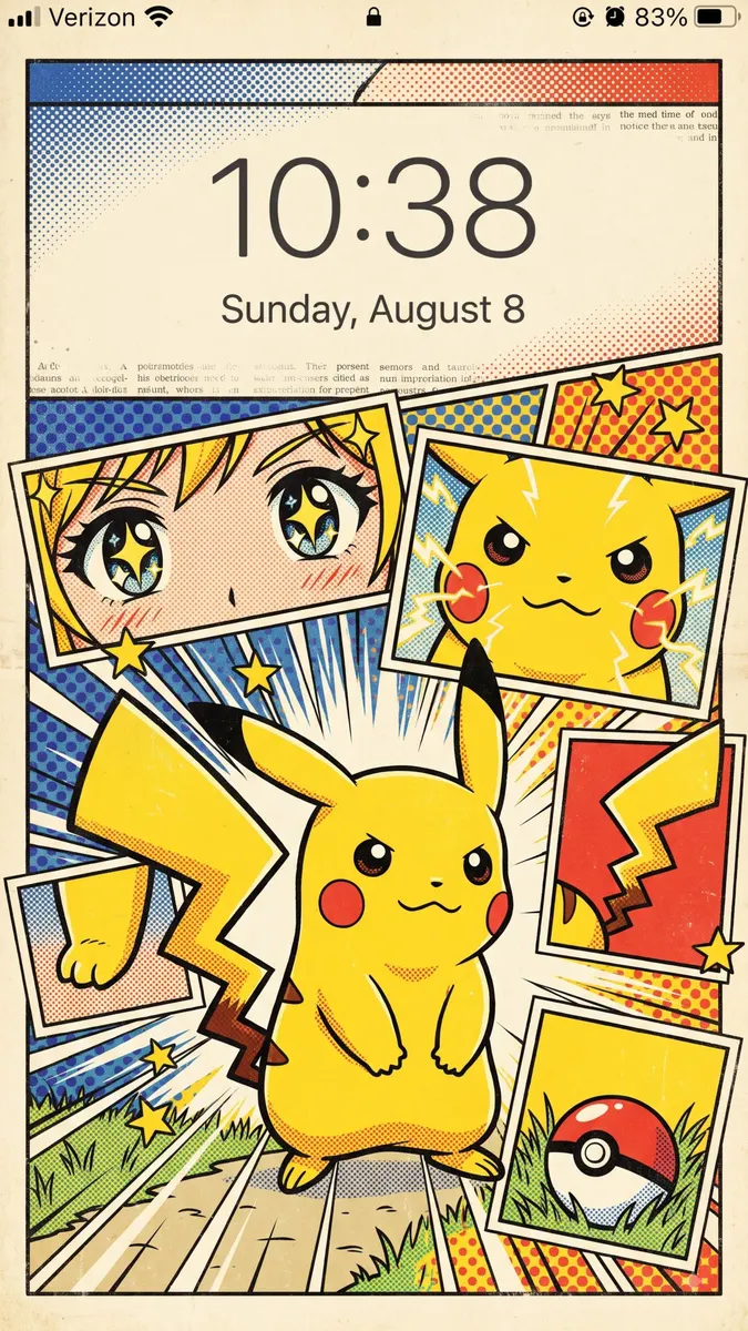 ピカチュウ、トレーナーの目、赤と白のモンスターボールが描かれた複数のパネルを持つコミックブック風レイアウトのピカチュウ。