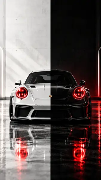 Vista frontal de um carro esportivo Porsche dividido ao meio com lados brancos e pretos e faróis circulares vermelhos brilhantes