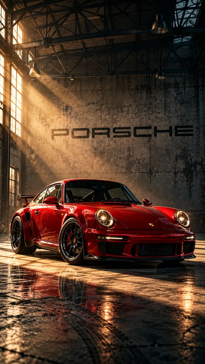 Mobil sport Porsche 911 merah terparkir di garasi industri yang remang-remang dengan sinar matahari keemasan yang mengenai kendaraan dan lantai beton.