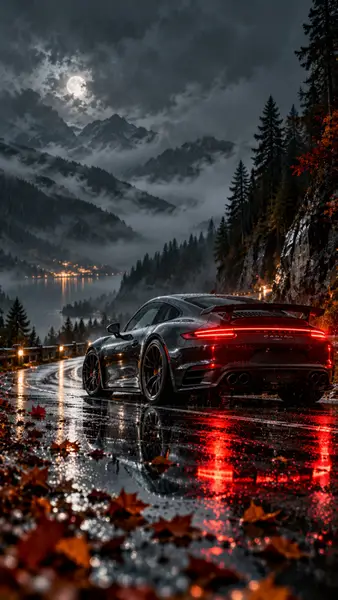 어두운 산 풍경을 배경으로 붉은 후미등이 빛나는, 젖은 아스팔트 도로에 주차된 검은색 Porsche 스포츠카.