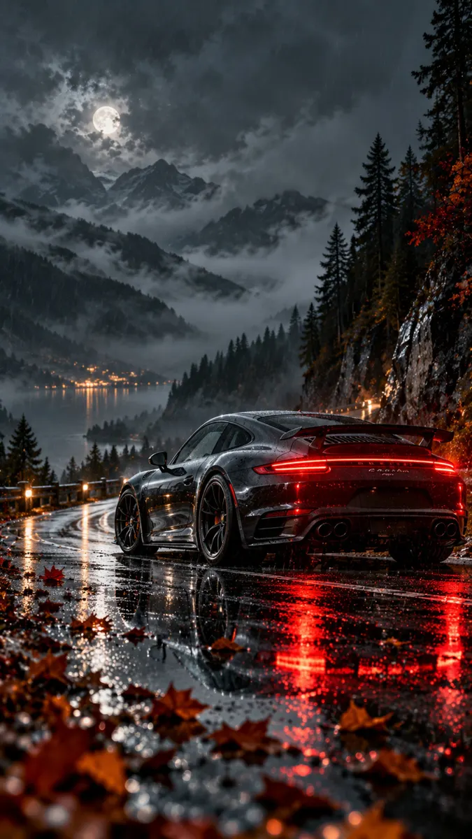 Un coche deportivo Porsche negro aparcado en una carretera de asfalto mojada con luces traseras rojas brillando contra un oscuro paisaje montañoso.