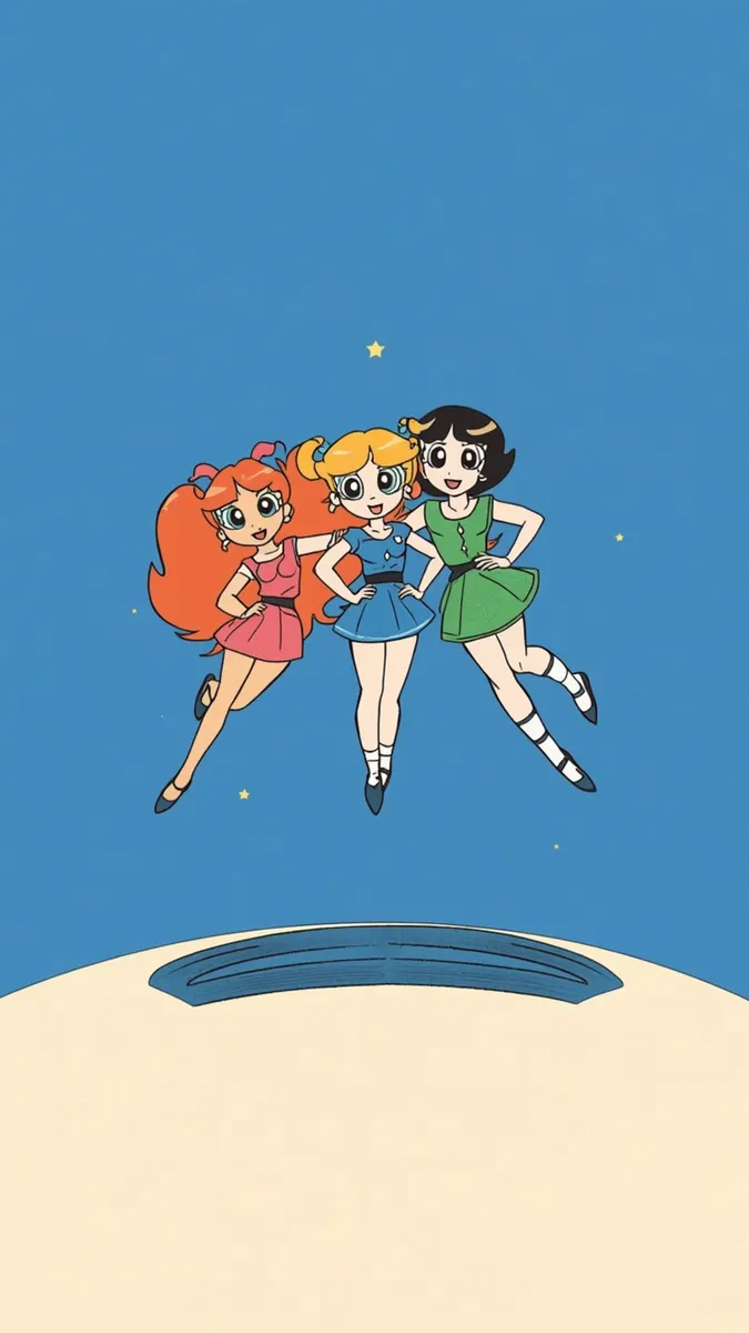 Blossom, Bubbles, dan Buttercup terbang bersama di langit biru dengan bintang-bintang kuning kecil di sekitar mereka.