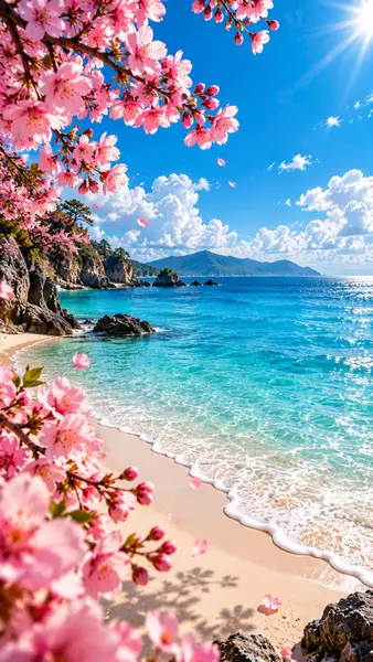 Rosa Kirschblütenzweige, die über einem sonnigen Strand mit türkisfarbenem Wasser und fernen Bergen hängen.