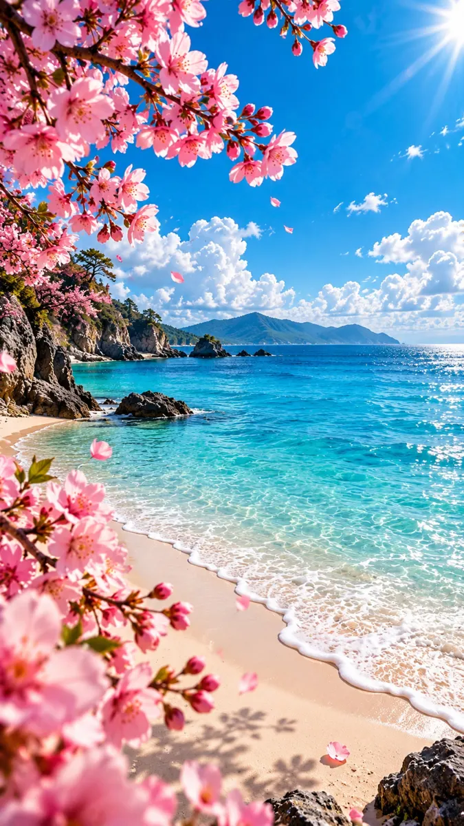 Ramas de flores de cerezo rosadas colgando sobre una playa soleada con agua turquesa y montañas distantes.