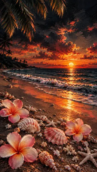 Playa tropical al atardecer con flores rosadas, conchas marinas y estrellas de mar en la arena bajo un cielo naranja oscuro con palmeras.