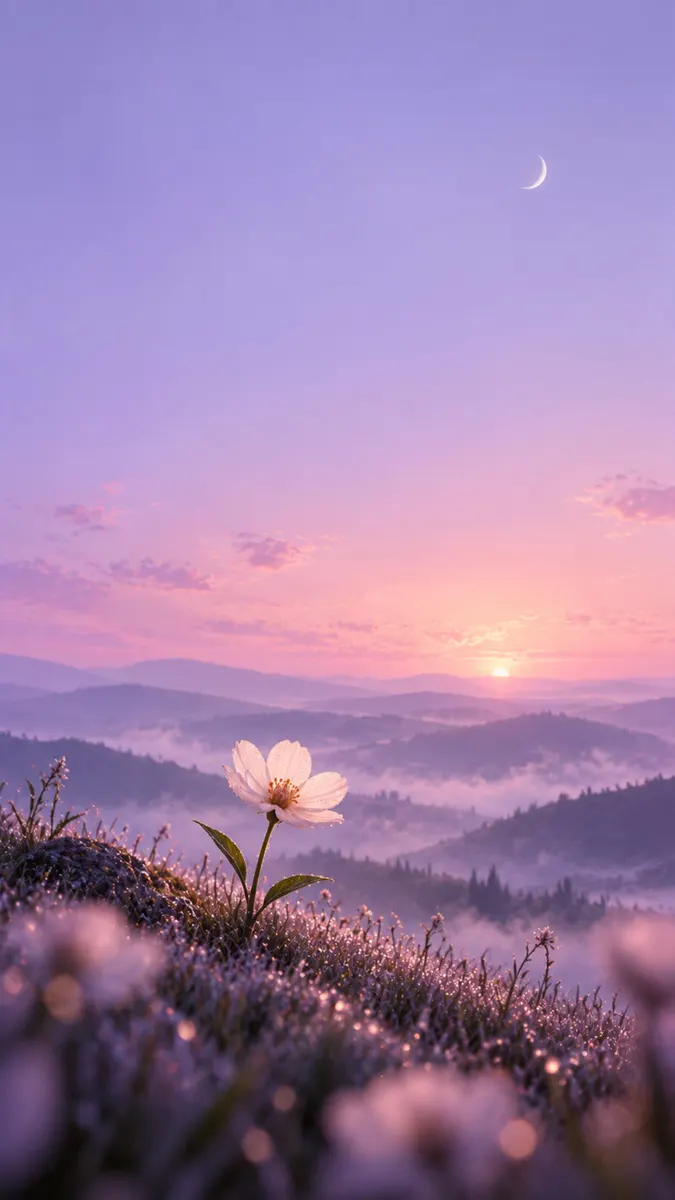 Una sola flor blanca enfocada en una colina cubierta de hierba con una cadena montañosa brumosa y una luna creciente al amanecer.
