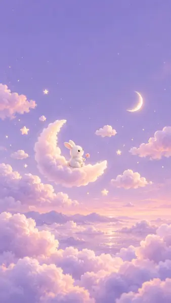 Seekor kelinci putih lucu duduk di atas awan bulan sabit yang halus memegang bunga kecil di langit ungu dengan bintang-bintang.