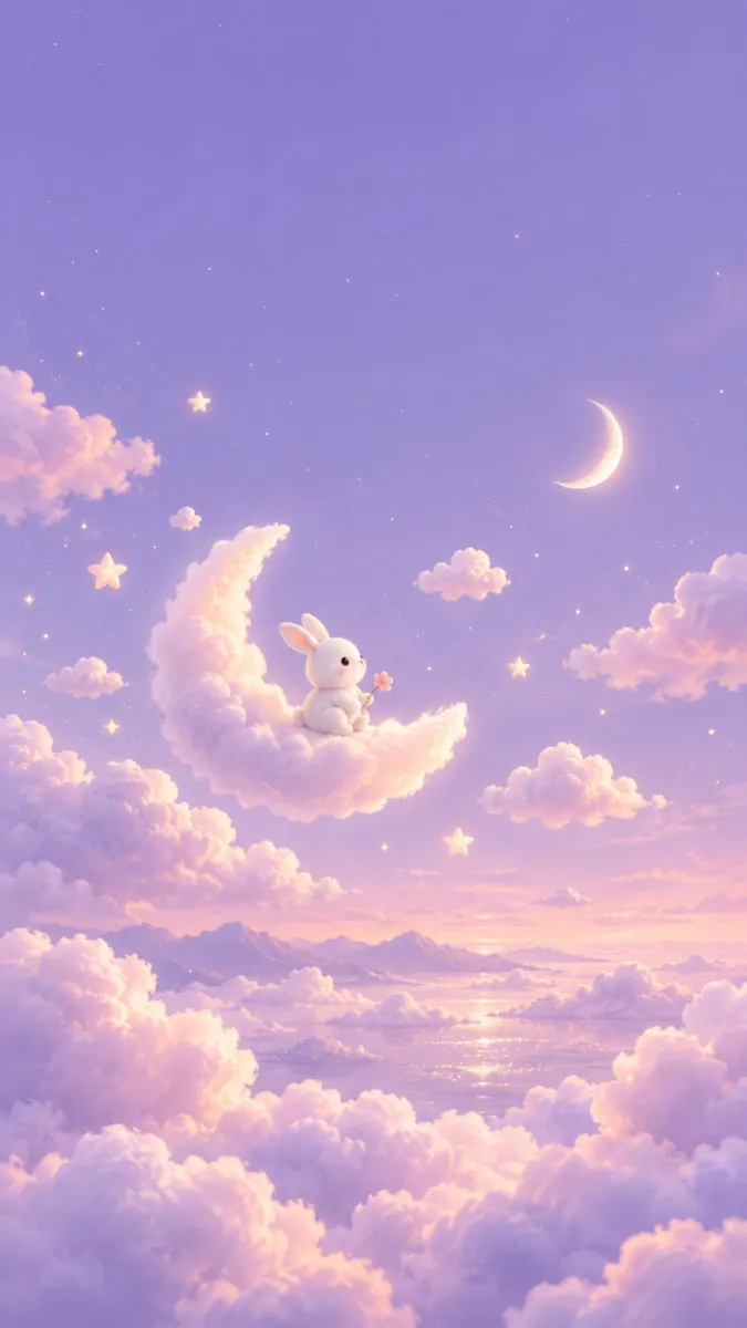 Seekor kelinci putih lucu duduk di atas awan bulan sabit yang halus memegang bunga kecil di langit ungu dengan bintang-bintang.