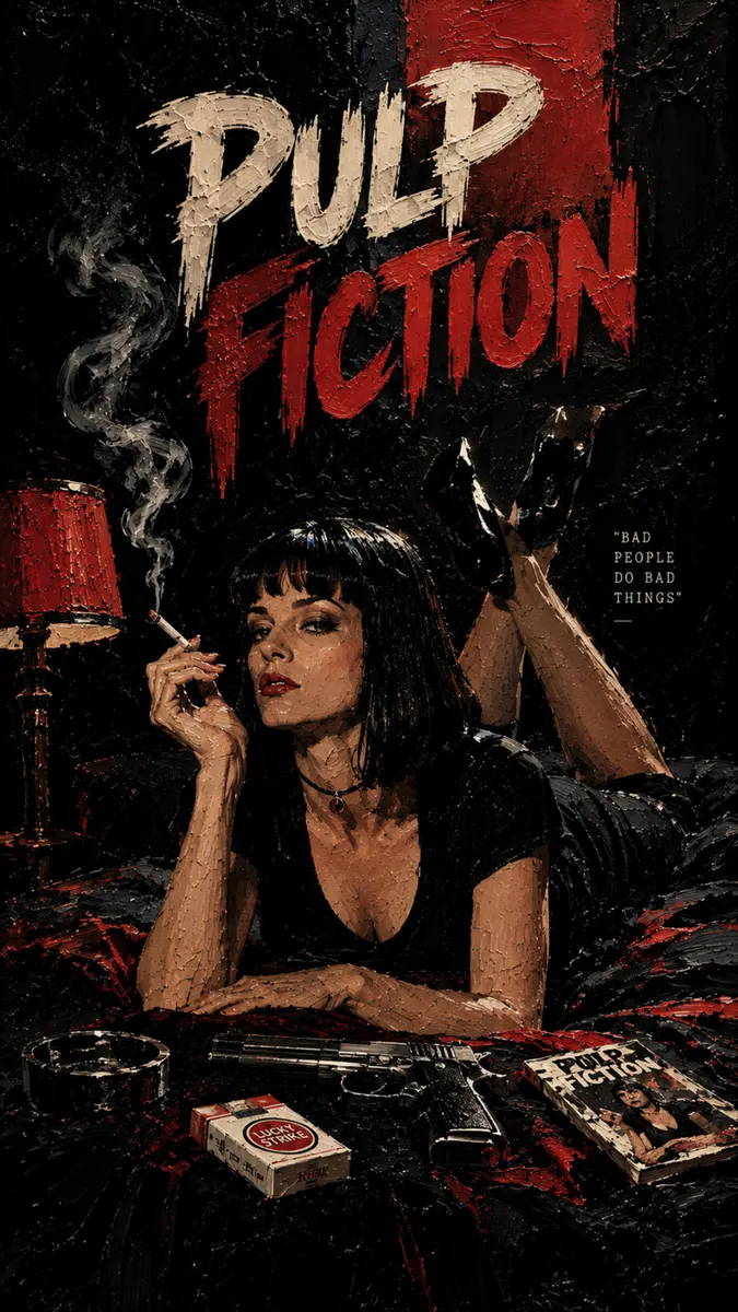 Mia Wallace berbaring di tempat tidur dengan rokok dan pistol, gaya lukisan cat minyak bertekstur, karya seni poster film Pulp Fiction.