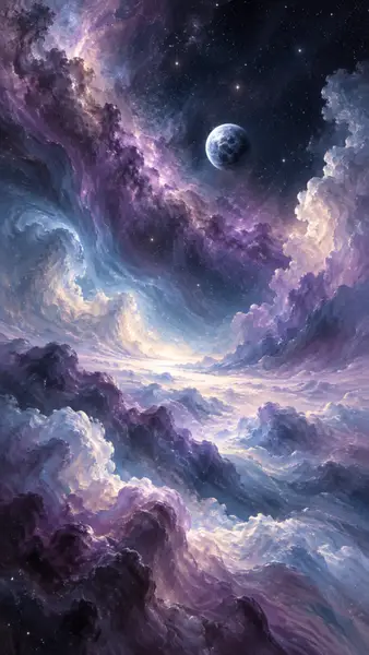 Ein ferner Planet schwebt an einem dunklen Himmel, der mit wirbelnden lila und weißen Nebelwolken und hellen Sternen gefüllt ist.