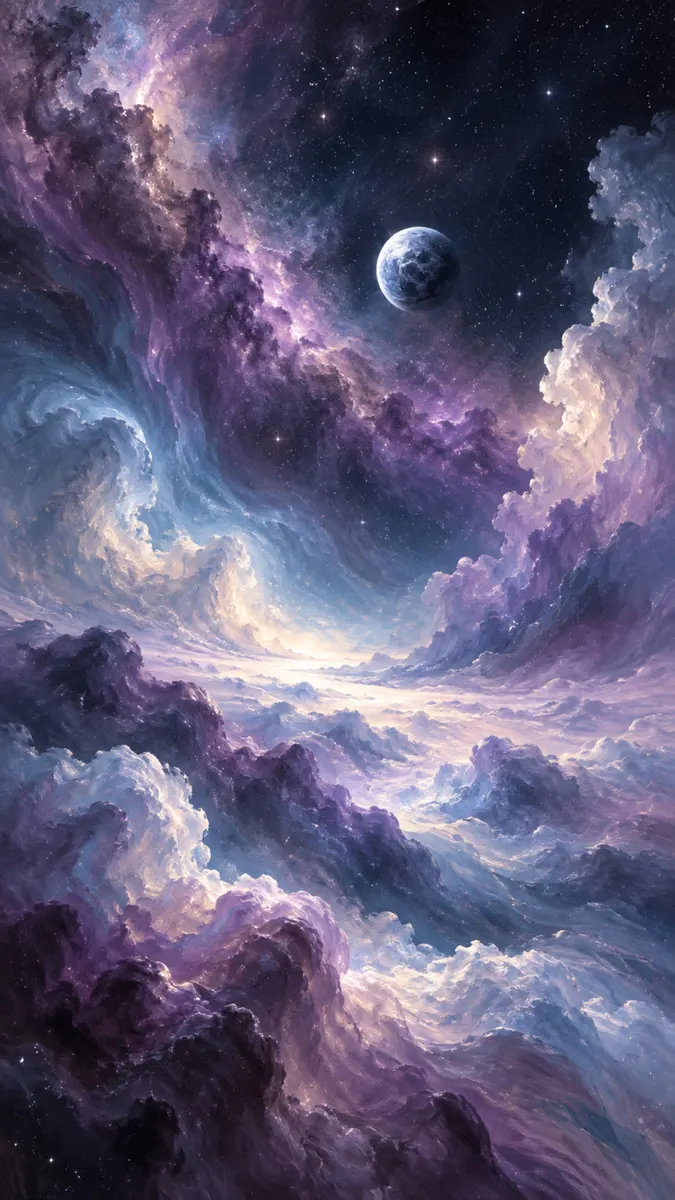 Une planète lointaine flotte dans un ciel sombre rempli de nuages de nébuleuse violette et blanche tourbillonnants et d'étoiles brillantes.