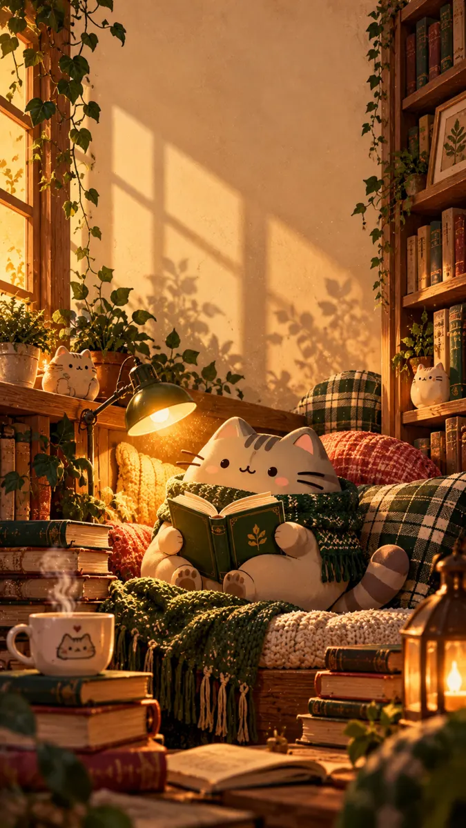Pusheen the cat sitting in a cozy chair reading a green book, surrounded by stacks of books, plants, and warm lamplight.