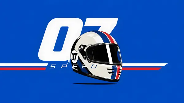 Un casco da corsa bianco con strisce rosse e blu, il numero 07 e la parola speed su uno sfondo blu.