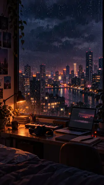 Rainy City Night Music Studio Wallpaper