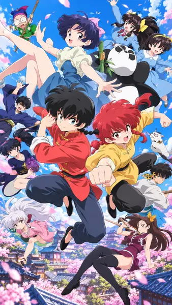 Ranma Saotome und verschiedene Charaktere aus der Anime-Serie schweben in der Luft über einer traditionellen japanischen Stadt mit Kirschblüten.