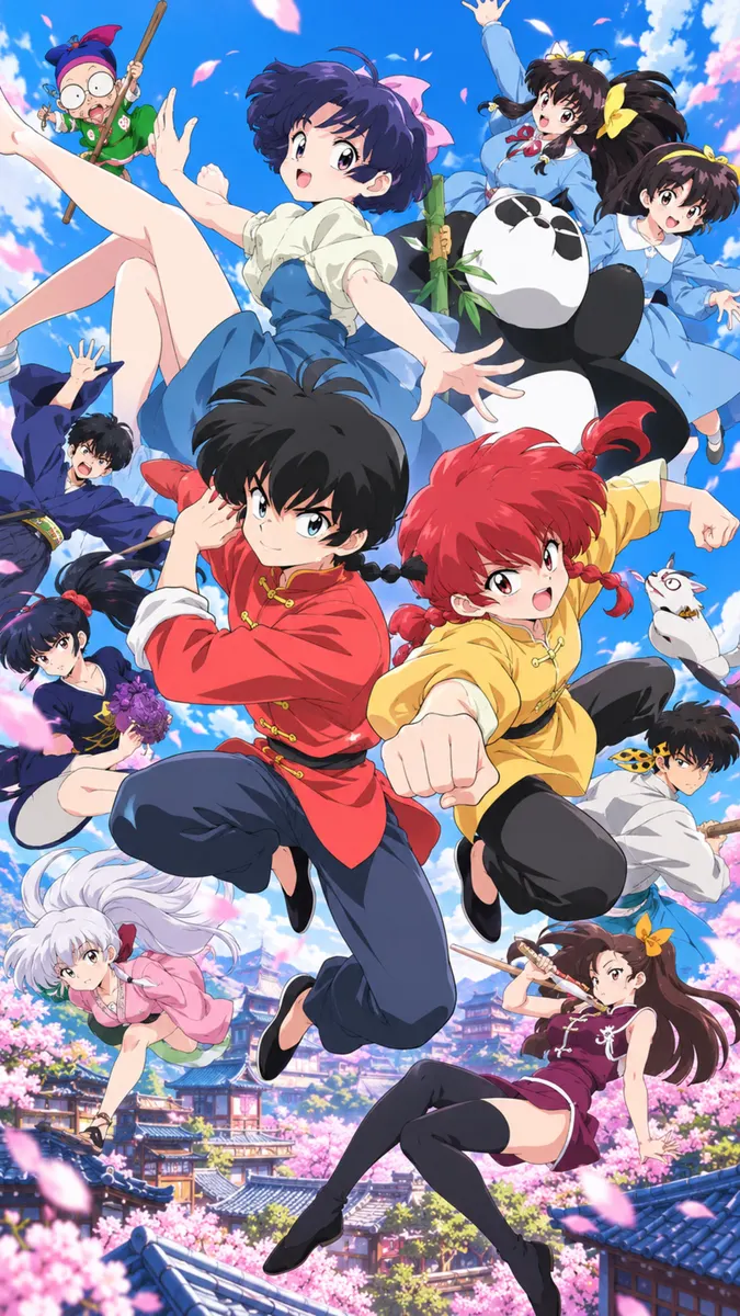 Group of anime characters from Ranma 1/2 including Ranma, Akane, and Shampoo posing in front of a blue sky with cherry blossoms.