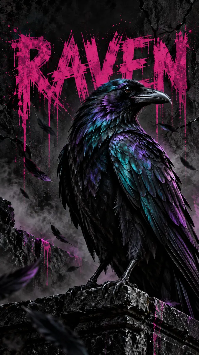 A black raven with iridescent feathers perched on a stone ledge with pink dripping text above it.