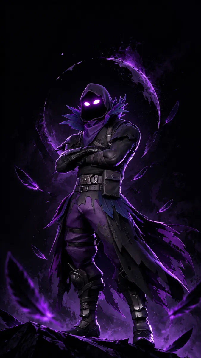 FortniteのRavenキャラクターが、輝く目を持つ紫と黒のフード付き衣装を着て、ダークパープルの月の前に立っています。