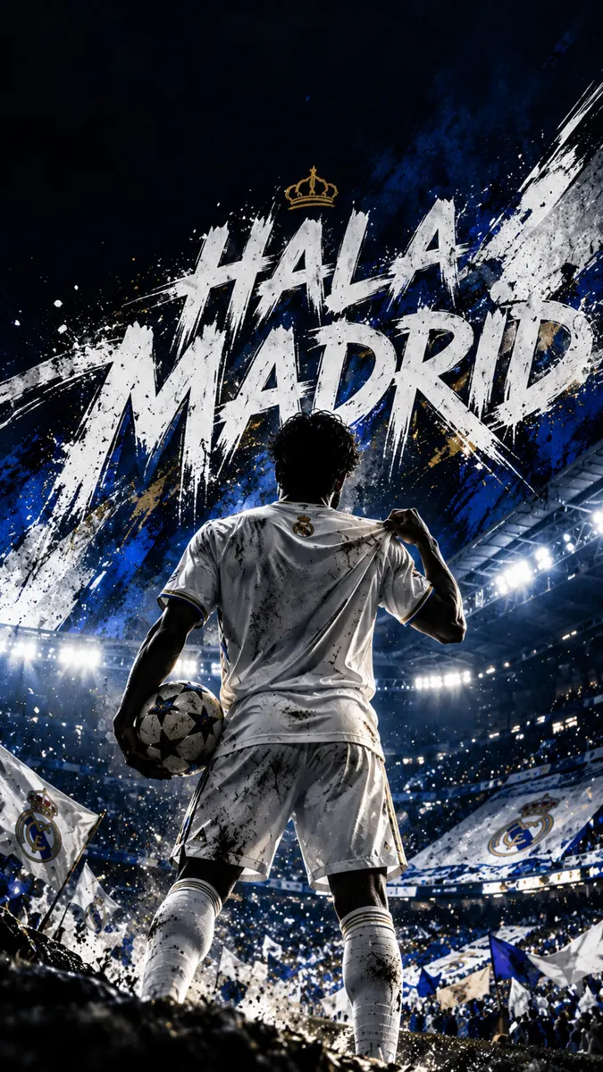 Un jugador de fútbol con la equipación blanca del Real Madrid de pie en un campo sosteniendo un balón con luces de estadio y banderas de aficionados al fondo.