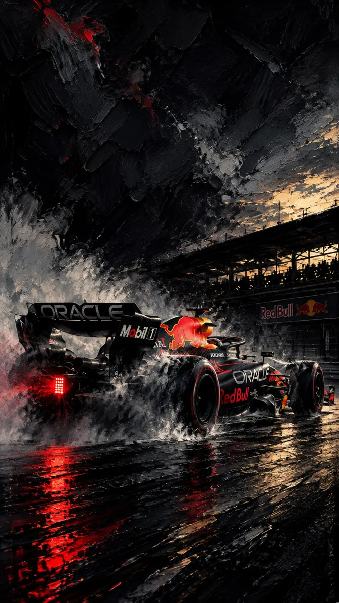 A dark Red Bull Formula 1 race car driving on a wet track with heavy water spray and red taillights visible.