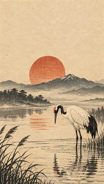 Una gru della Manciuria bianca in piedi in acque poco profonde con un grande sole arancione e montagne sullo sfondo, stile artistico giapponese tradizionale.