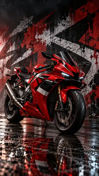 Une moto Honda CBR1000RR Fireblade rouge garée sur une surface d'asphalte humide devant un mur vieilli rouge et noir.