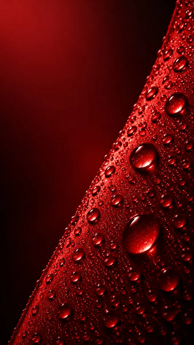 Gros plan d'une surface rouge foncé couverte de nombreuses petites gouttelettes d'eau reflétant la lumière