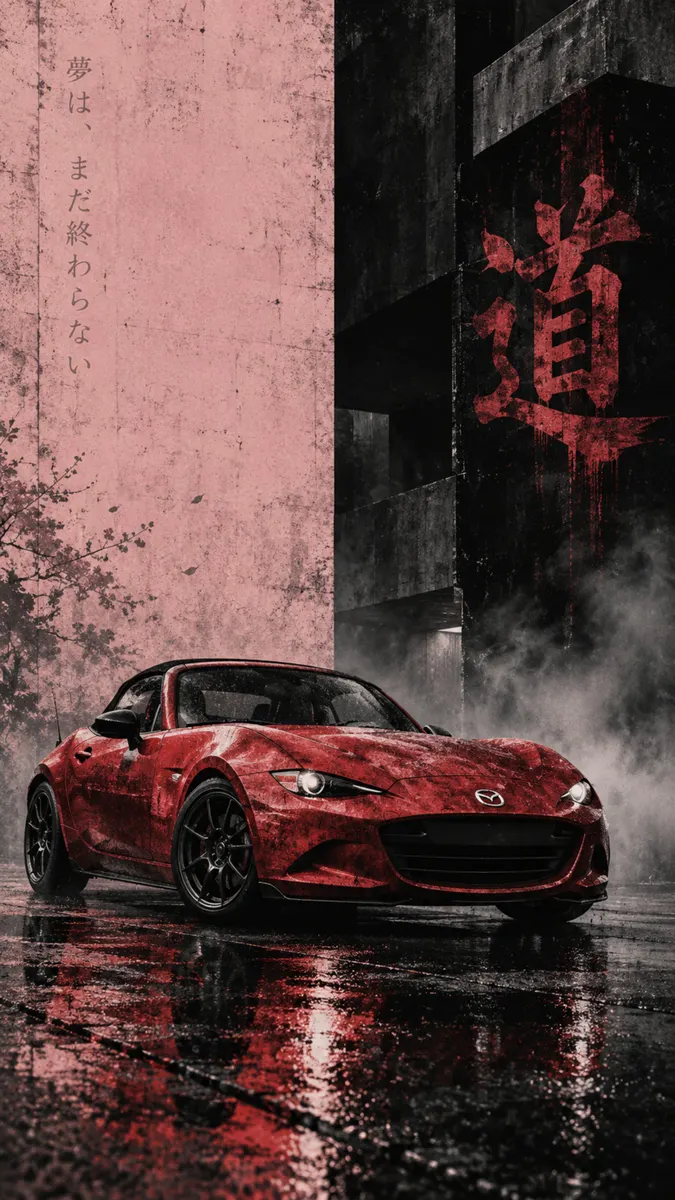 Un descapotable Mazda MX-5 rojo estacionado en una carretera de asfalto mojado por la noche frente a paredes de hormigón oscuro con texto japonés.