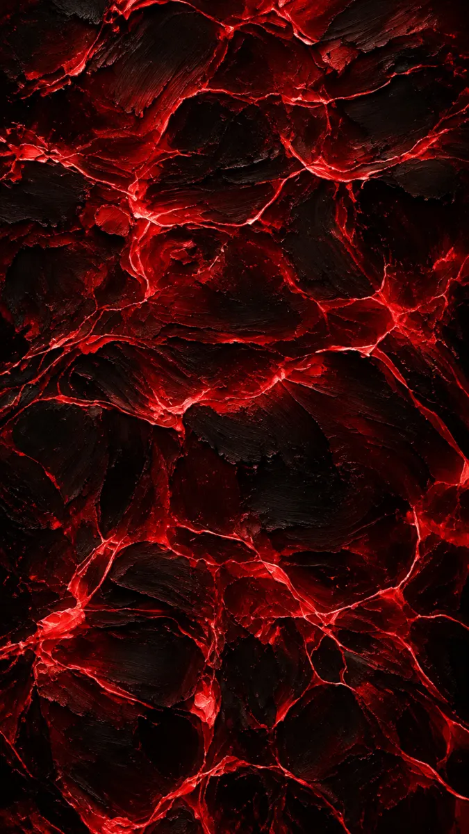Gros plan d'une surface sombre et texturée avec des fissures rouge vif, semblables à des veines, traversant la structure de roche noire.