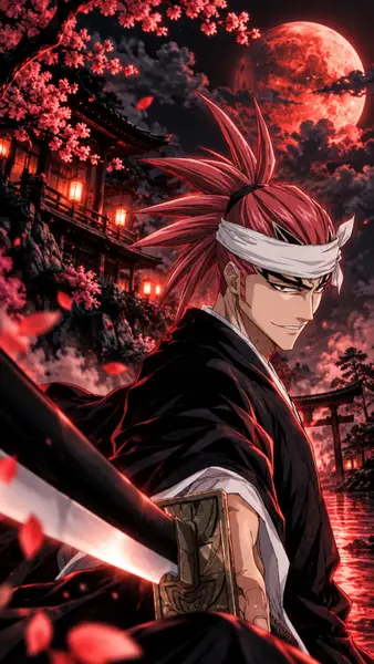 Renji Abarai dengan rambut merah dan ikat kepala putih memegang katana di depan bulan merah dan kuil.