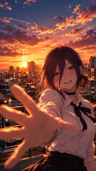 Reze di Chainsaw Man con capelli viola che tende la mano verso lo spettatore con uno sfondo di tramonto cittadino