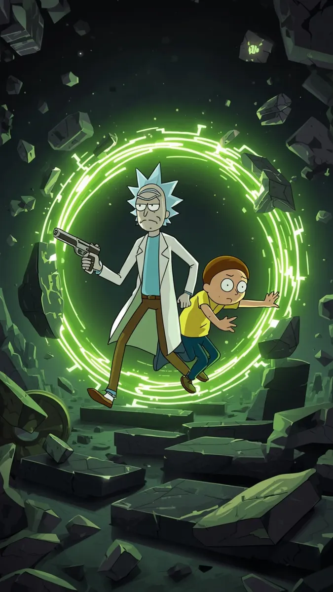 Rick Sanchez con una pistola y Morty atravesando un portal verde brillante rodeado de escombros oscuros flotantes.
