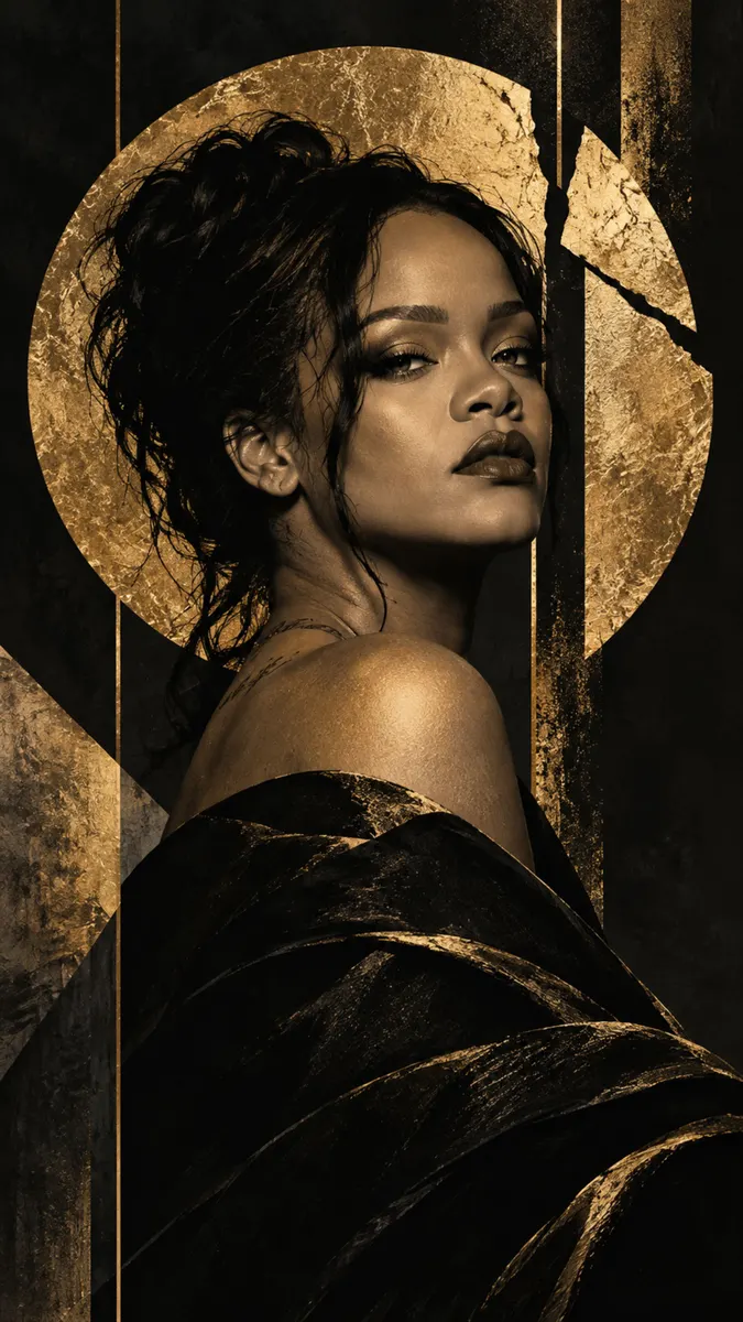 Rihanna omzunun üzerinden bakıyor, koyu saçları topuz yapılmış, altın dairesel arka plana karşı siyah kumaş giyiyor.