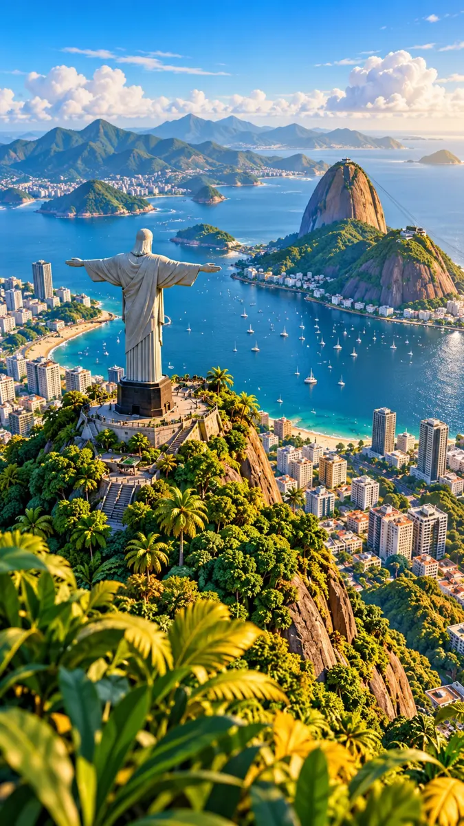 Patung Kristus Penebus berdiri di atas gunung yang menghadap ke Rio de Janeiro dengan Gunung Sugarloaf dan lautan di latar belakang.